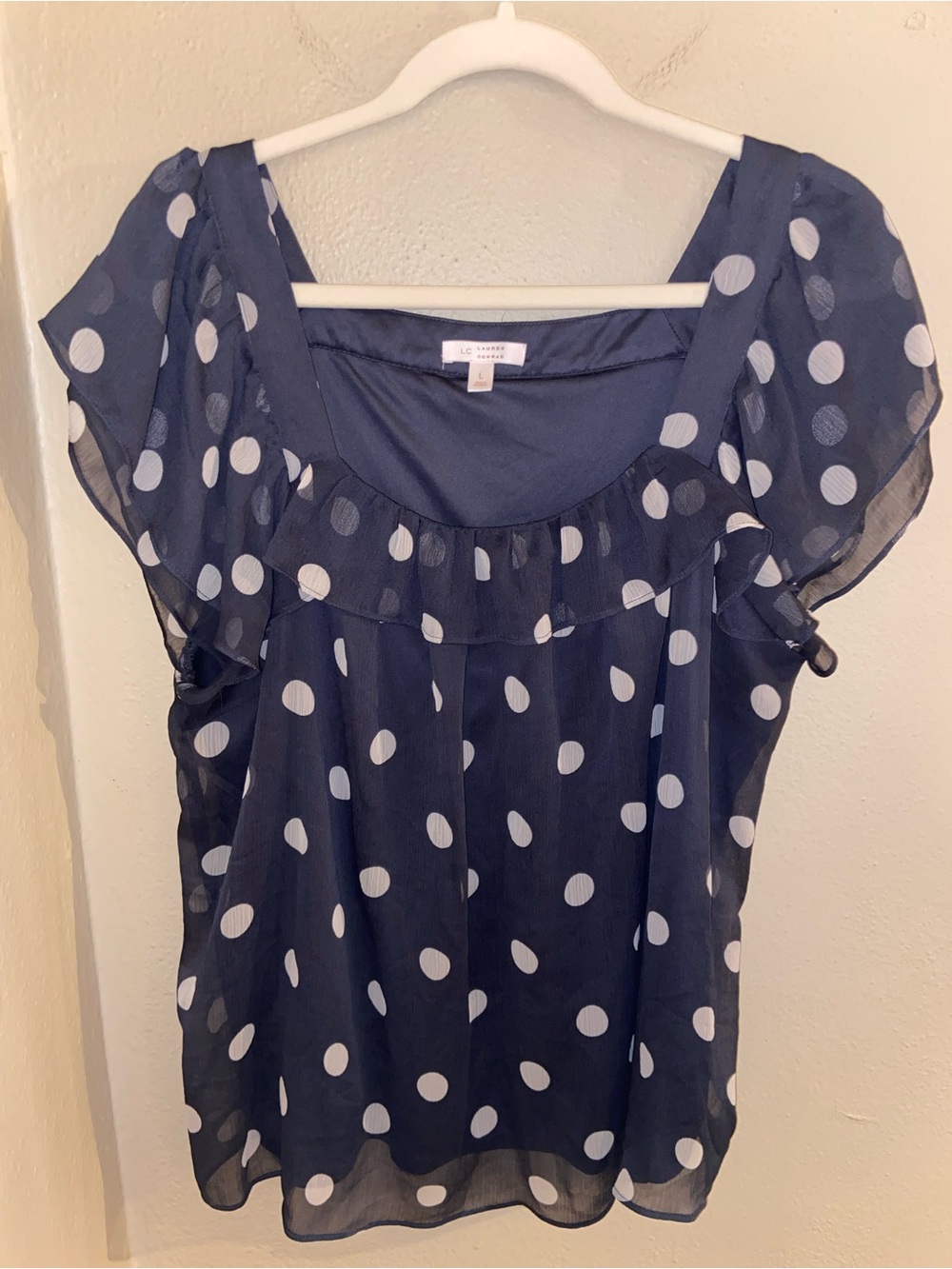 LC Lauren Conrad Navy White Polka Dot Flutter Sleeve Blouse